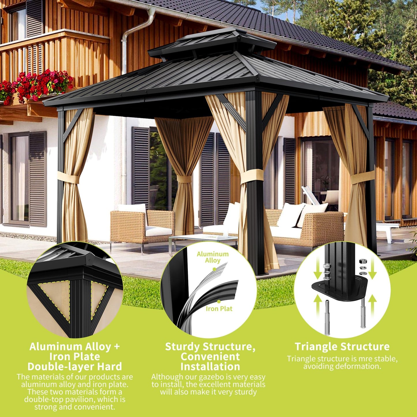 10x12 FT Hardtop Gazebo with Double Galvanized Steel Roof, Heavy-Duty Aluminum & Iron Frame, Mosquito Netting and Privacy Curtains, All-Weather Outdoor Pavilion for Patio Backyard Garden Deck, Khaki