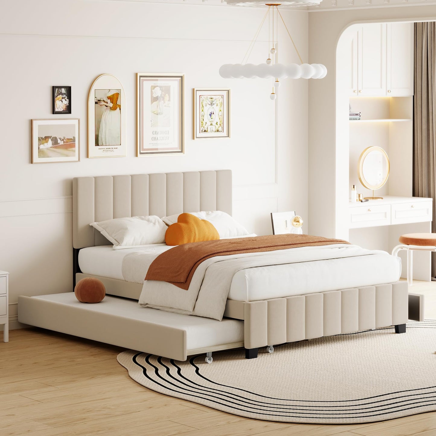 Merax Queen Size Upholstered Platform Bed with 2 Drawers and 1 Twin XL Trundle, Beige Wooden Bed Frame, No Box Spring Need