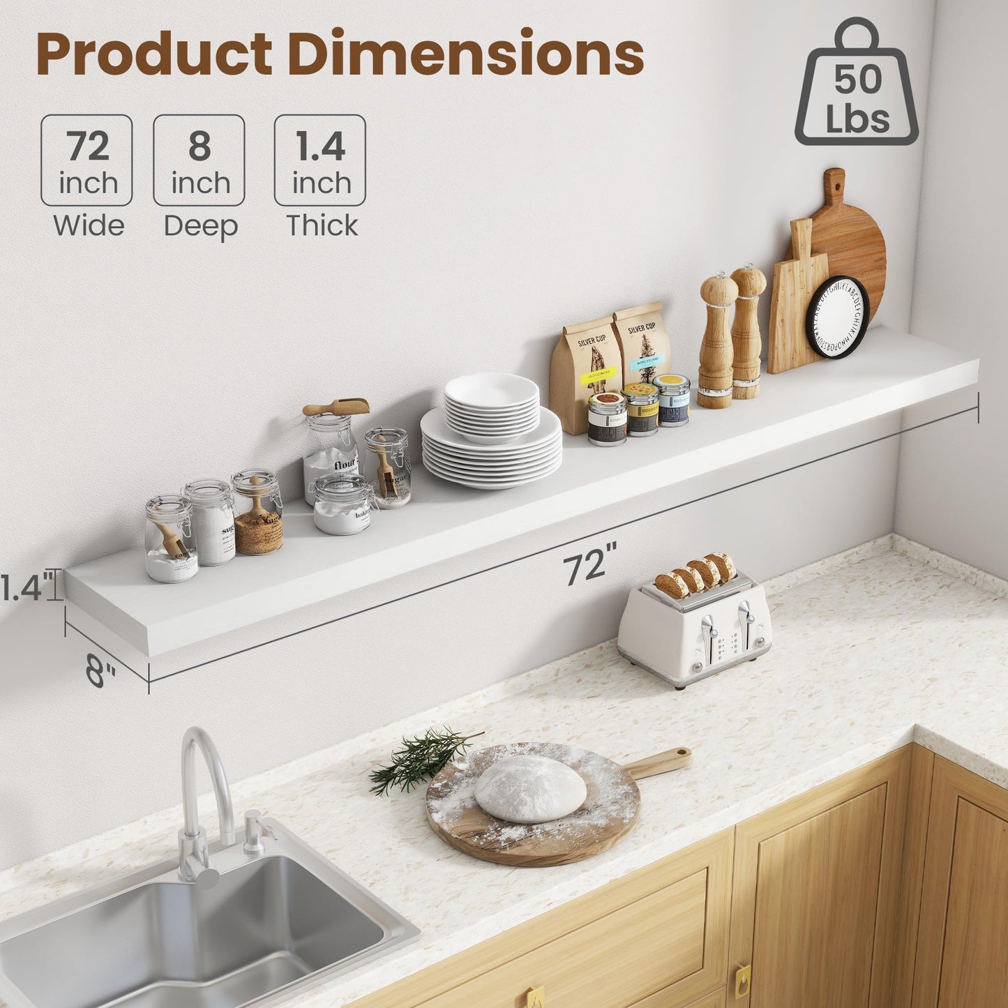 72 Inch Floating Shelves for Wall, 8 Inch Deep Floating Shelf for Storage & Display, Rustic Wall Mounted Shelf with Invisible Brackets for Living Room, Kitchen, Bathroom, Home Decor, Set of 2, White