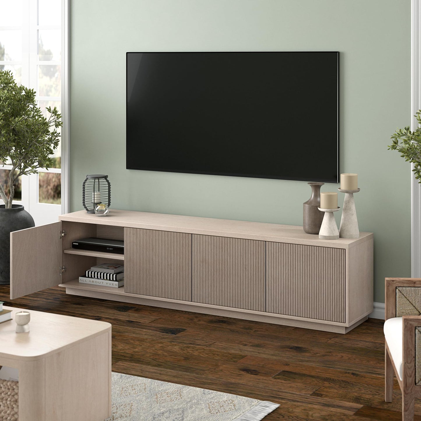 Henn&Hart Fluted TV Stand for TVs up to 85" with 2 Concealed Ribbed Storage Cabinets and Adjustable Shelves for Living Room, Family Room, or Office, Beech White