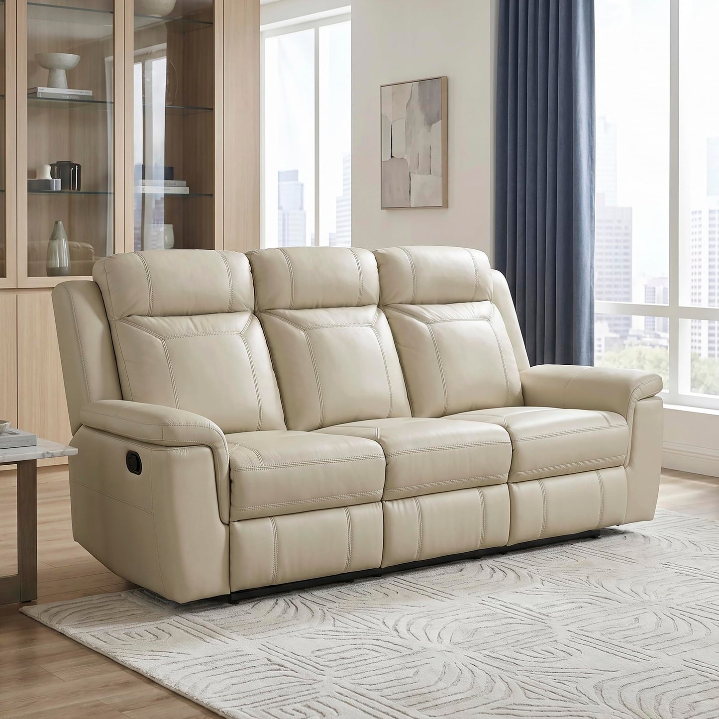 Lexicon Top Grain Leather Match Manual Reclining Sofa, Wall Hugger Reclining Sofa, Overstuffed Armrest, for Living Room/Theater Seating/Apartment, Easy Assembly, Beige