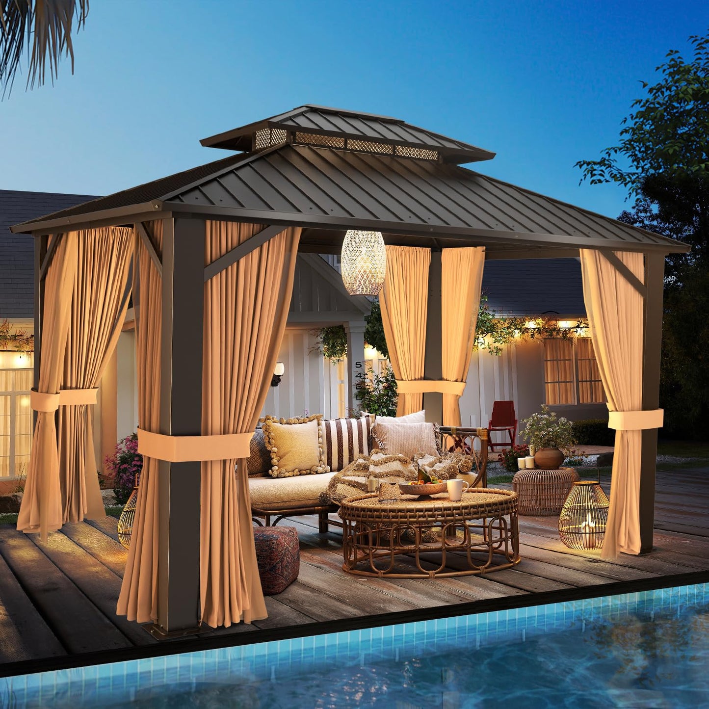 SOLUMIA 10’x12’ Hardtop Gazebo, Galvanized Steel Double Roof Canopy with Heavy-Duty Steel Frame, Outdoor Pavilion with Nettings and Curtains