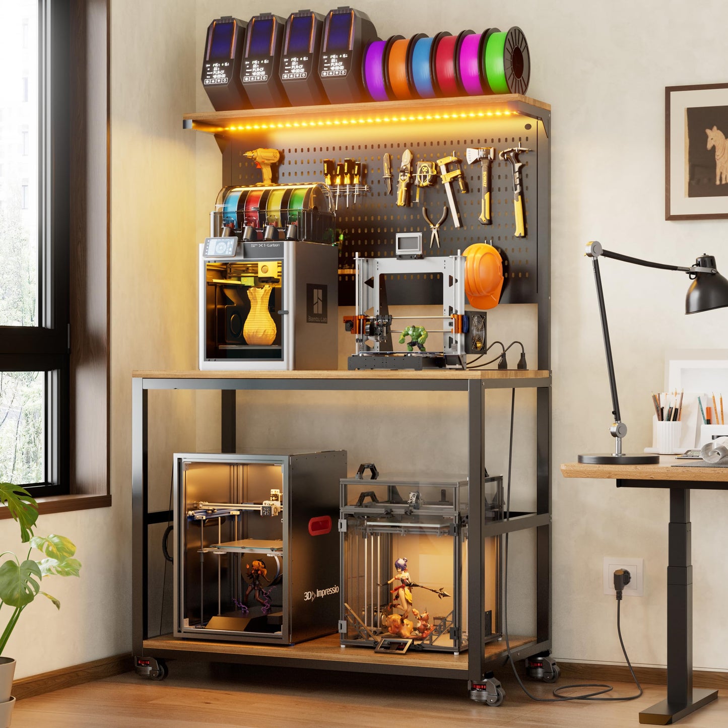 PAKASEPT 3D Printer Stand with Filament Storage Workbench,3D Printer Table with Charging Station & LED Lights,Heavy Duty Rolling Printer Desk with Pegboard for Workshop/Office/Garage
