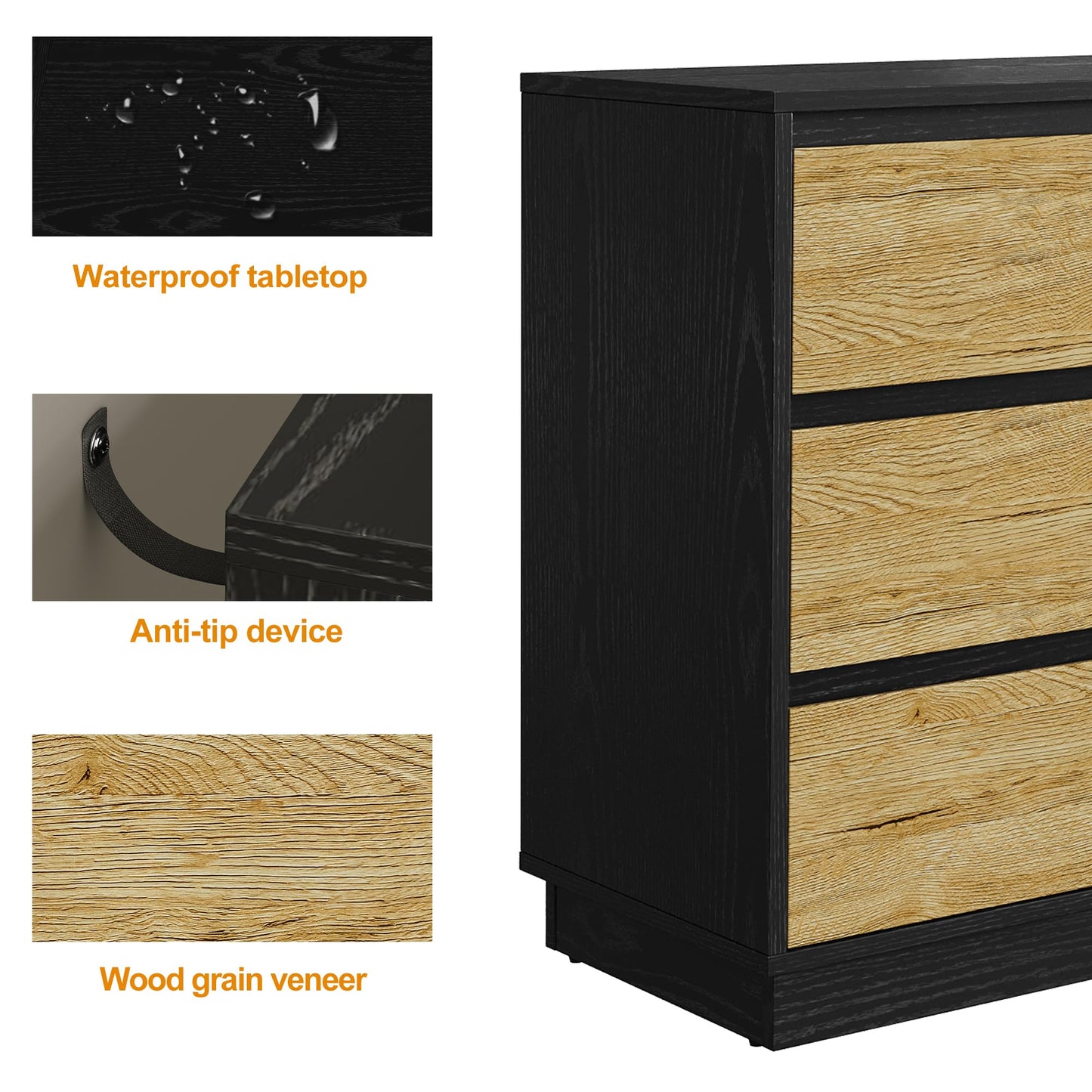 RoyalCraft Nightstand Set of 3, 23.6" Night Stand with 3 Drawers Storage, Large Bedside Table, End Table for Bedroom, Closet, Black and Wood