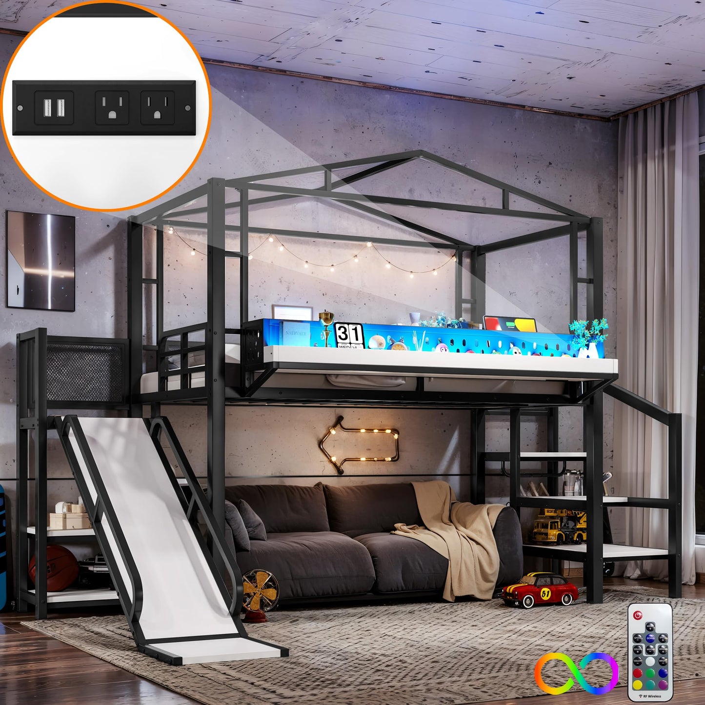 Twin Size Loft Bed with Storage Stairs, Shelves, Bedside Shelf and Wardrobe, Twin Loft Bed with Slide, Charging Station(USB Port, Outlets) and LED Light, House Loft Beds Frame for Girls, Boys, Black