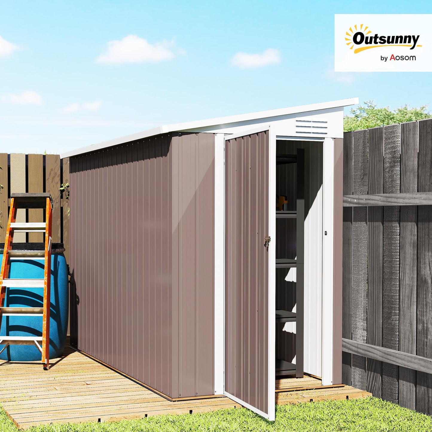 Outsunny 4' x 8' Metal Outdoor Storage Shed, Lean to Storage Shed, Garden Tool Storage House with Lockable Door and 2 Air Vents for Backyard, Patio, Lawn, Brown
