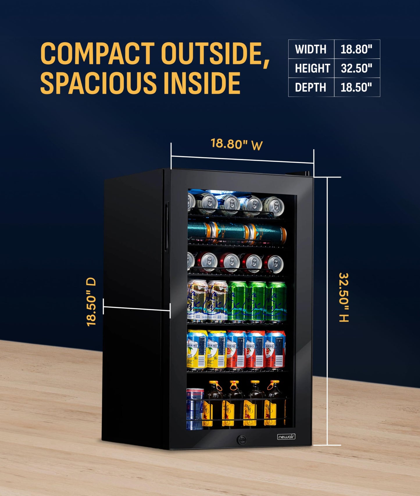 NewAir 126 Can Beverage Refrigerator | Freestanding Small Mini Fridge for Bedroom with Glass Door | Drink Cooler with Adjustable Shelves, Quiet Cooling & Locking Door | Black