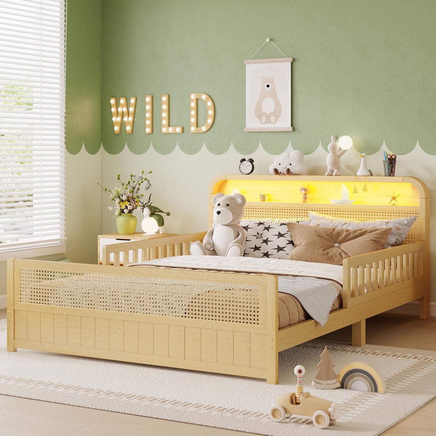 KEIKI Full Size Pine Wood Platform Bed Frame with Storage Headboard & Footboard, for Boys & Girls, Rattan Bed with Solid Slat & Guardrails, No Box Spring Required, Easy Assembly, for Bedroom, Natural