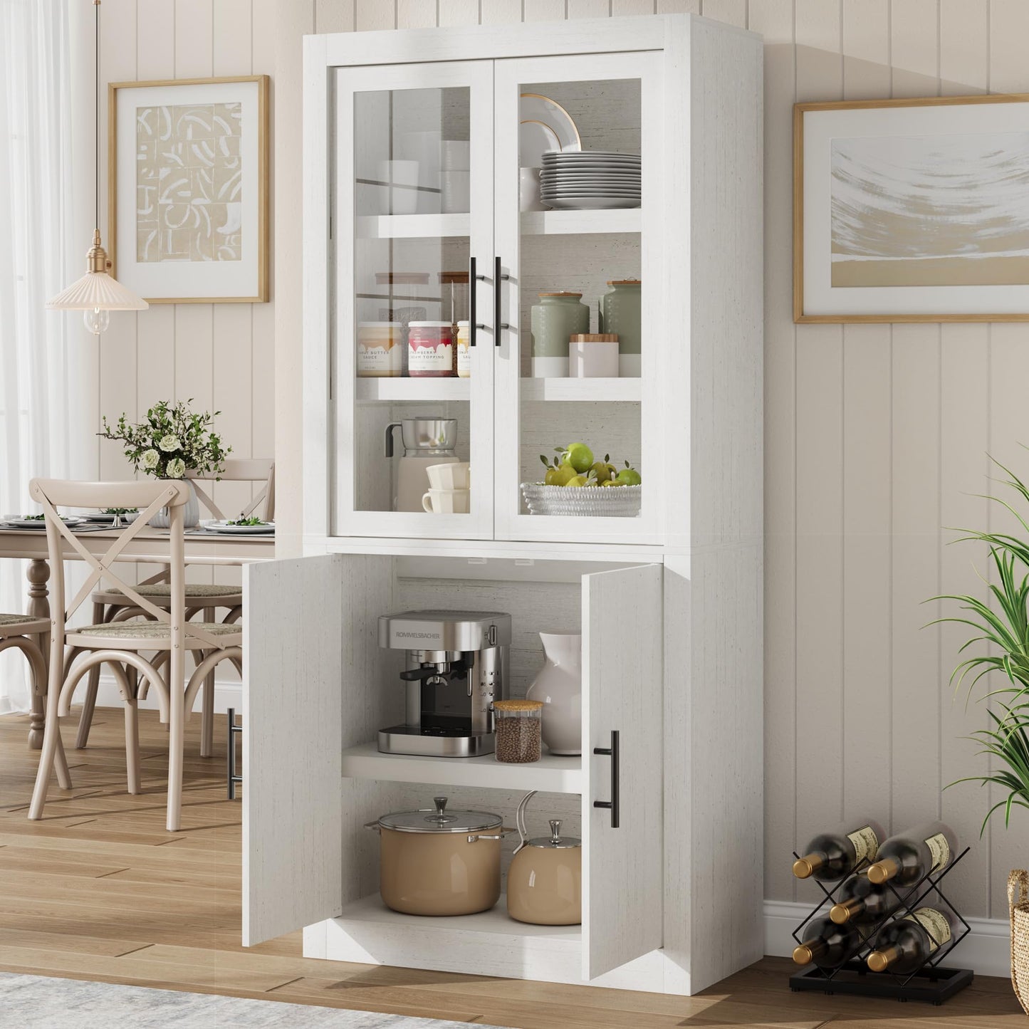 Garvee Tall Kitchen Pantry Cabinet, Farmhouse Wood Storage Cabinet with 4 Doors and Adjustable Shelves, Sturdy Frame, 70.45" Large Office Bookcase Cabinets for Kitchen, Dining, Office, Rustic White
