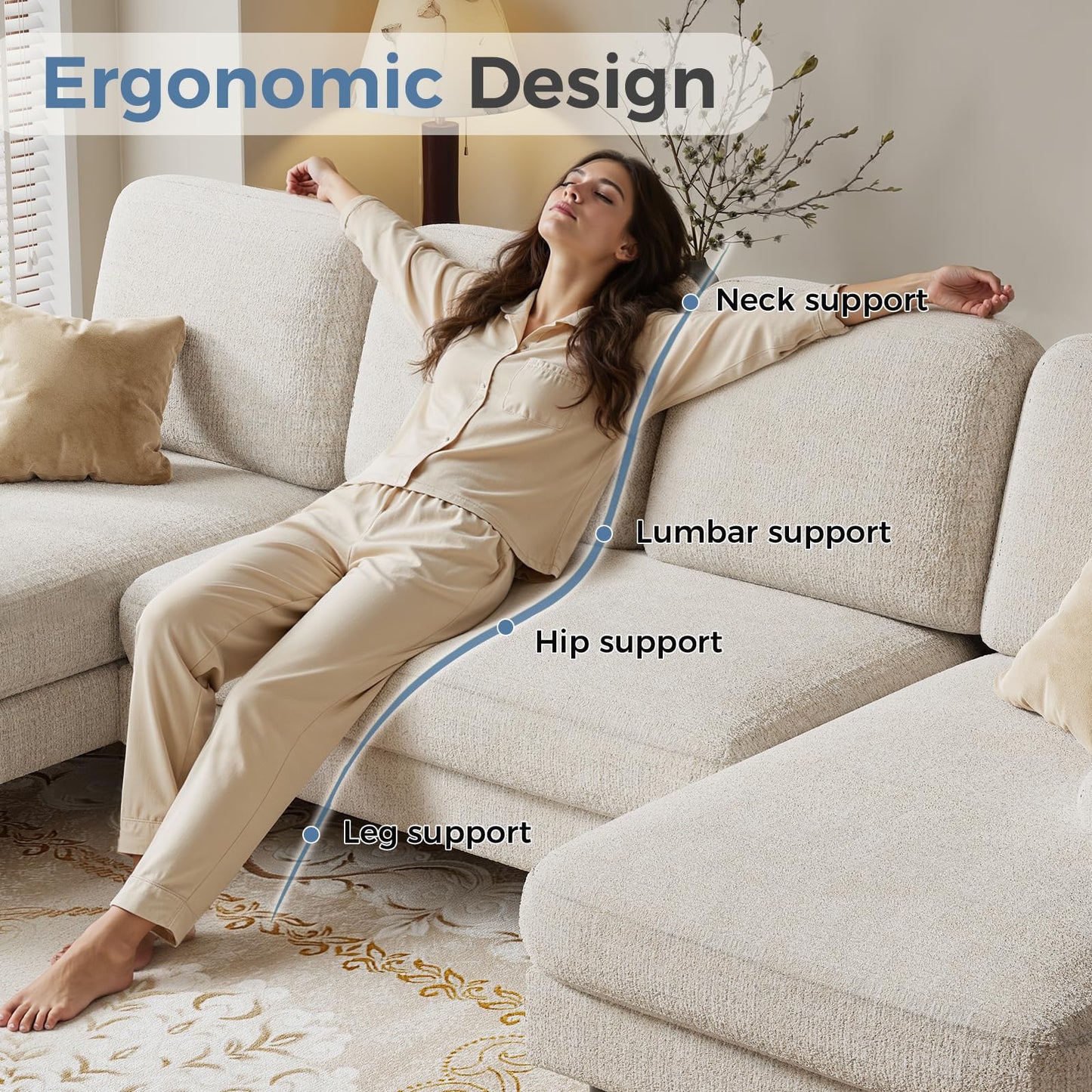 DUMOS Sectional Couches for Living Room, U Shaped Couch with Double Chaise Lounge, Modern Chenille Fabric 4-Seat Couch with Removable Pillows for Apartment/Small Space, Beige