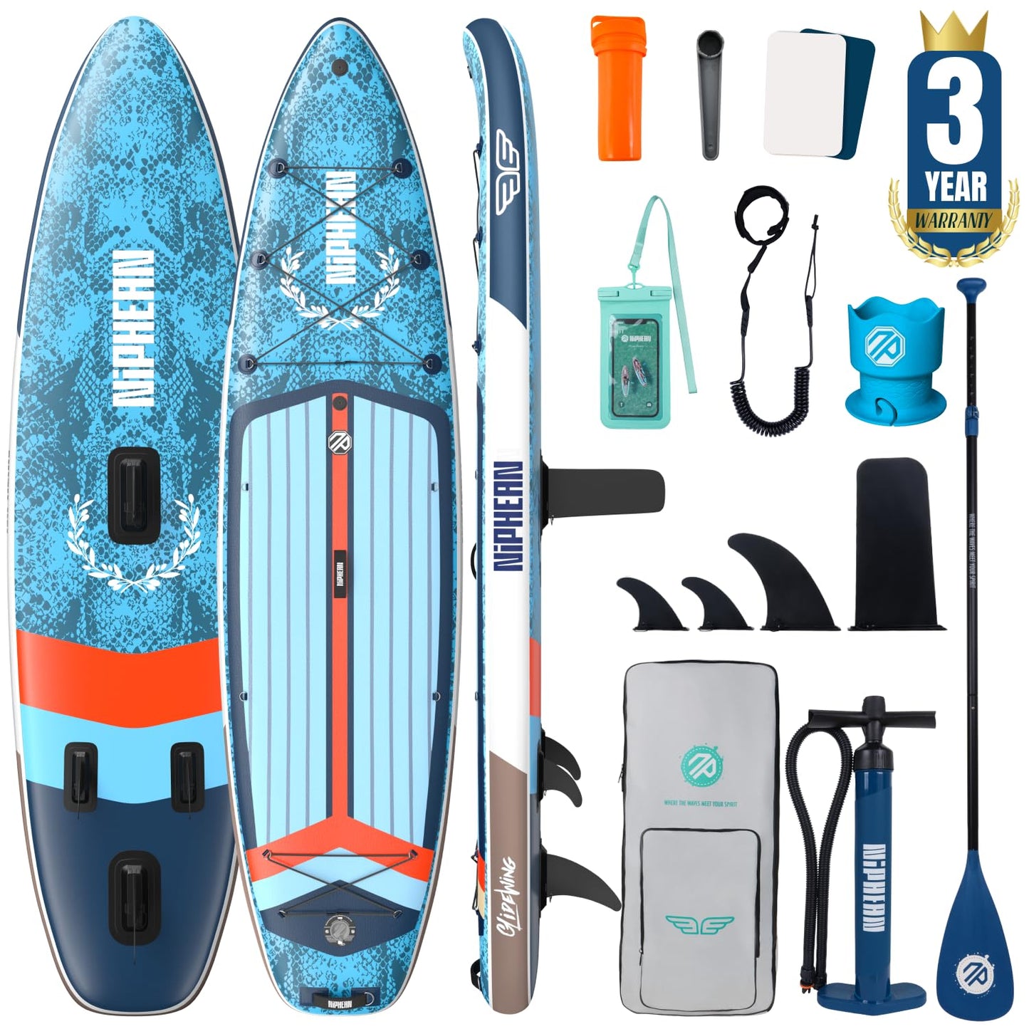 Niphean (Extra Large) Inflatable Paddle Board, SUP for 2+1 People/Family 500lbs Capacity Stand Up Paddle Board with SUP Accessories, StabilTrac Fin Non-Slip Paddleboard for Adults-Blue