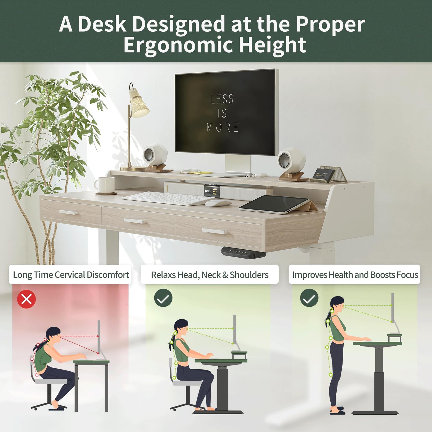 CubiCubi Standing Desk 55x26 Inches with 3 Wood Drawers and Monitor Shelf, Ergonomic Rising Home Office Desks, Height Adjustable Computer Desk, Sit Stand Up Electric Workstation Table, Pale Walnut