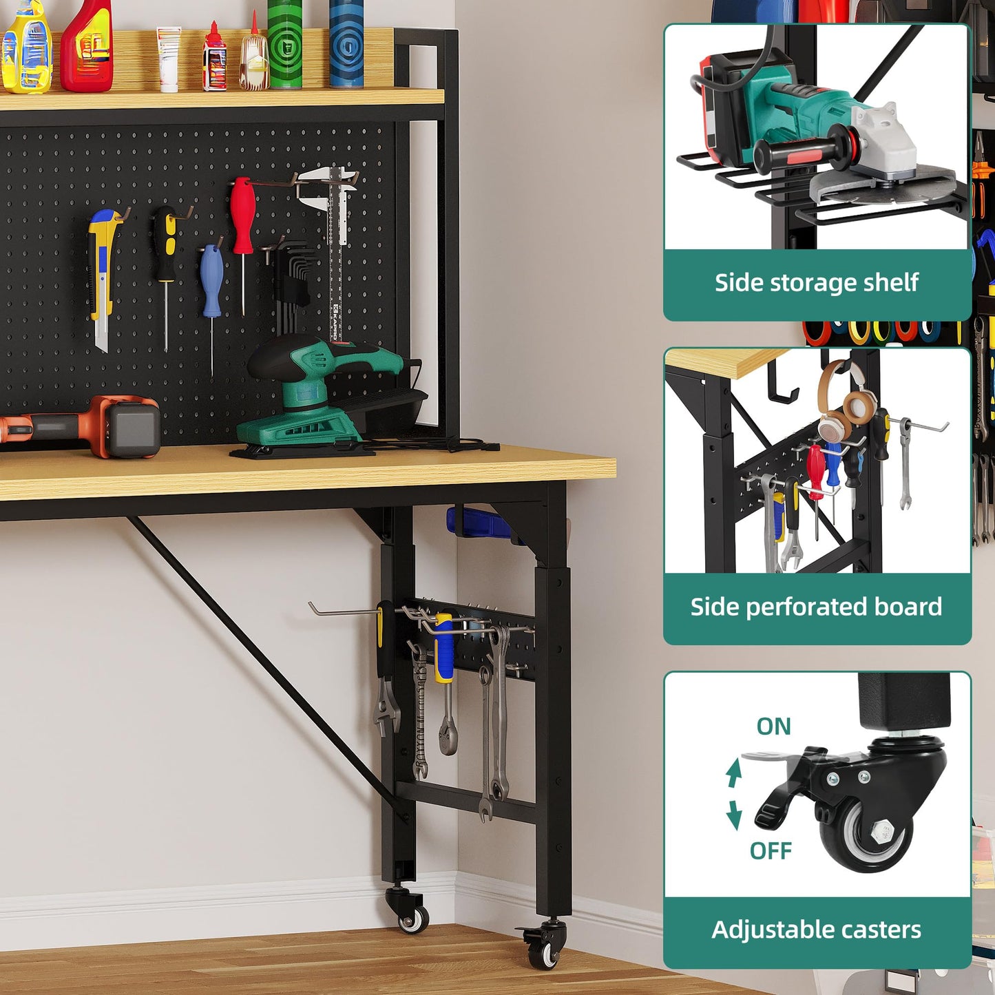 YITAHOME 60in Adjustable Workbench with Pegboard & Wheels 1600lb Load