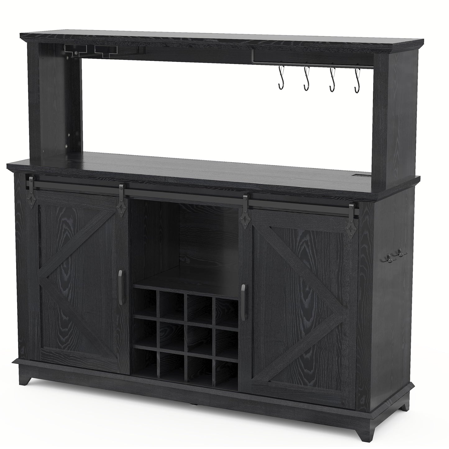 Farmhouse Coffee Bar Cabinet with Power Outlet & LED Lights,55" Sliding Barn Door Buffet with Removable Wine Rack & 2-Tier Drawers, Multi-Functional Storage Cabinet for Kitchen, Dining or Living Room