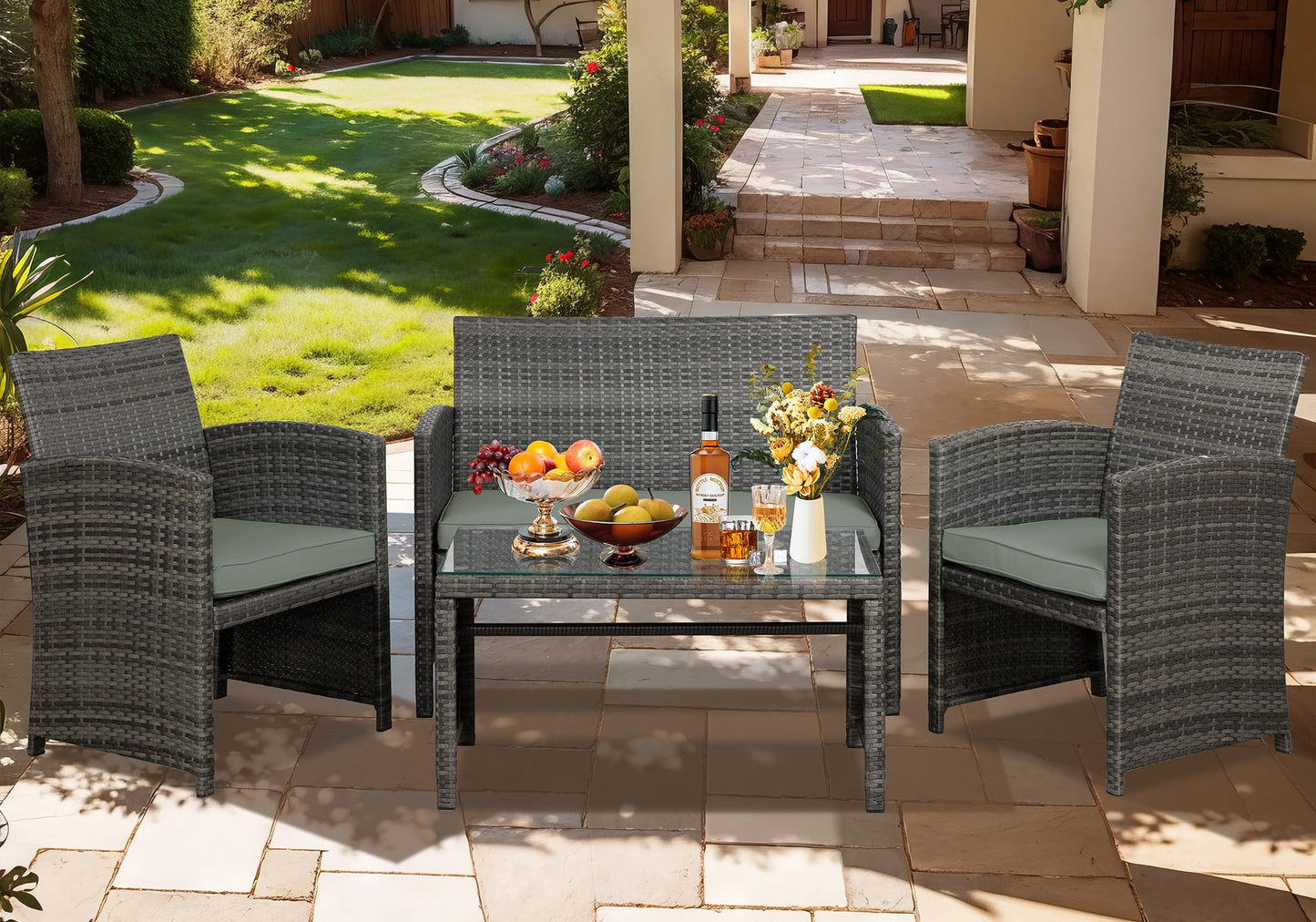 JAMFLY 4 Piece Outdoor Patio Furniture Set, Outdoor Wicker Rattan Chairs Conversation Sets with Cushions & Coffee Table for Outside, Garden, Balcony, Porch, Grey