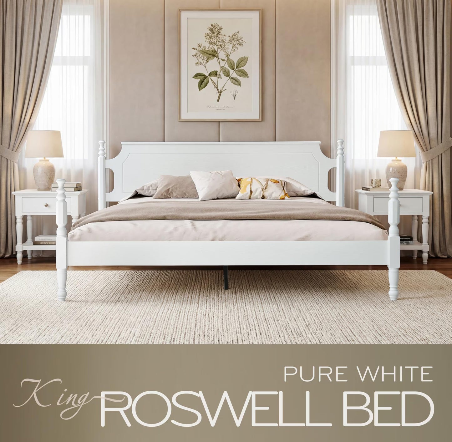 Solid Wood King Size Platform Bed Frame, A Headboard & Footboard, Under Bed Storage, 12 Strong Slats with Center Metal Legs, Anti-Noise & Slip-Free, No Box Spring Needed, Pure White Finish, ROK-39