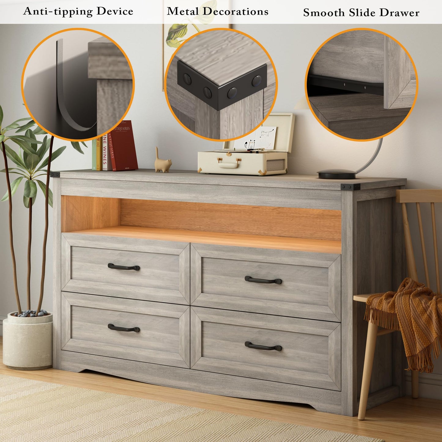 Wodeer Grey Dresser for Bedroom, Wooden 4 Drawer Dresser with LED Light, Dressers & Chests of Drawers with Metal Handles, Storage and Organization for Bedroom, Hallway, Entryway, Gray