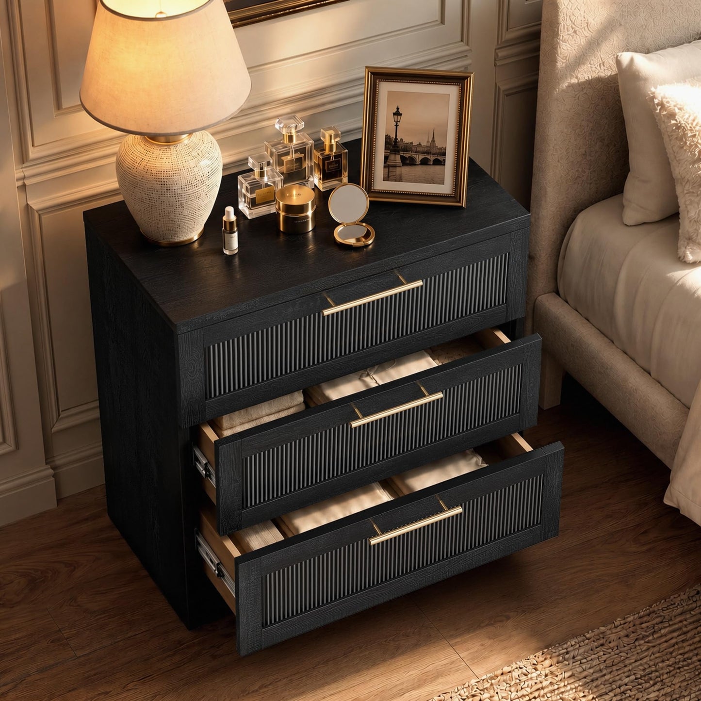 ModernMate 3 Drawer Dresser for Bedroom, Black Wood Grain Wide Nightstand and Chest of Drawers with Wave-Panel Front, 31" Tall Modular Storage Cabinet for Living Room
