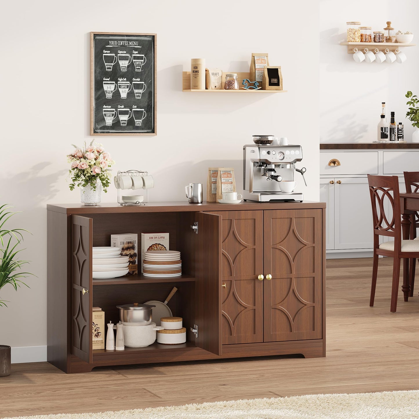 55" Buffet Cabinet with Storage, Sideboard Cabinet with 4 Doors, Wood Coffee Bar Cabinet with Adjustable Shelves, Farmhouse Sideboard Buffet, for Kitchen, Living Room, Entryway, Dining Room (Brown)