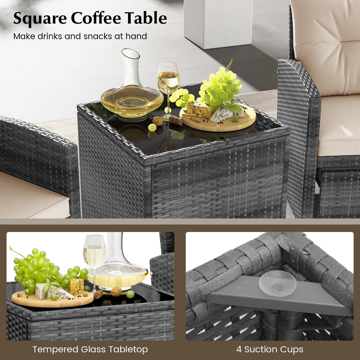 COSTWAY 5-Piece Rattan Conversation Set, Outdoor Wicker Sofa, Tempered Glass Coffee Table & Ottomans for Small Space, Boho Chic Indoor/Outdoor Furniture Set for Poolside, Backyard, Deck (Beige)