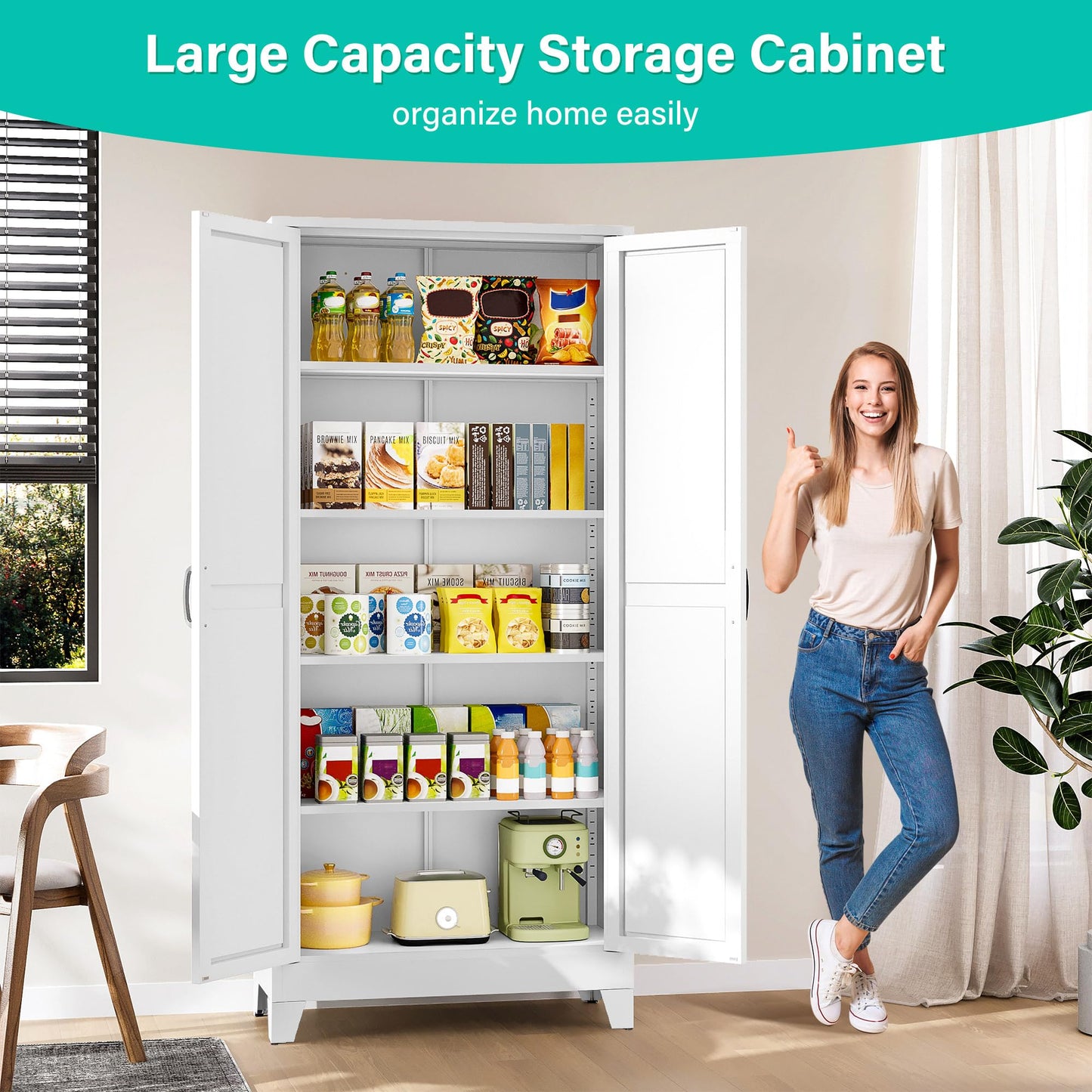 SISESOL Wide & Deep Pantry Storage Cabinet with 2 Doors and 5 Shelves,72" Tall Farmhouse Storage Cabinet,Large Cupboard Closet,White Cabinets for Home,Kitchen,Bathroom,Dining/Living Room