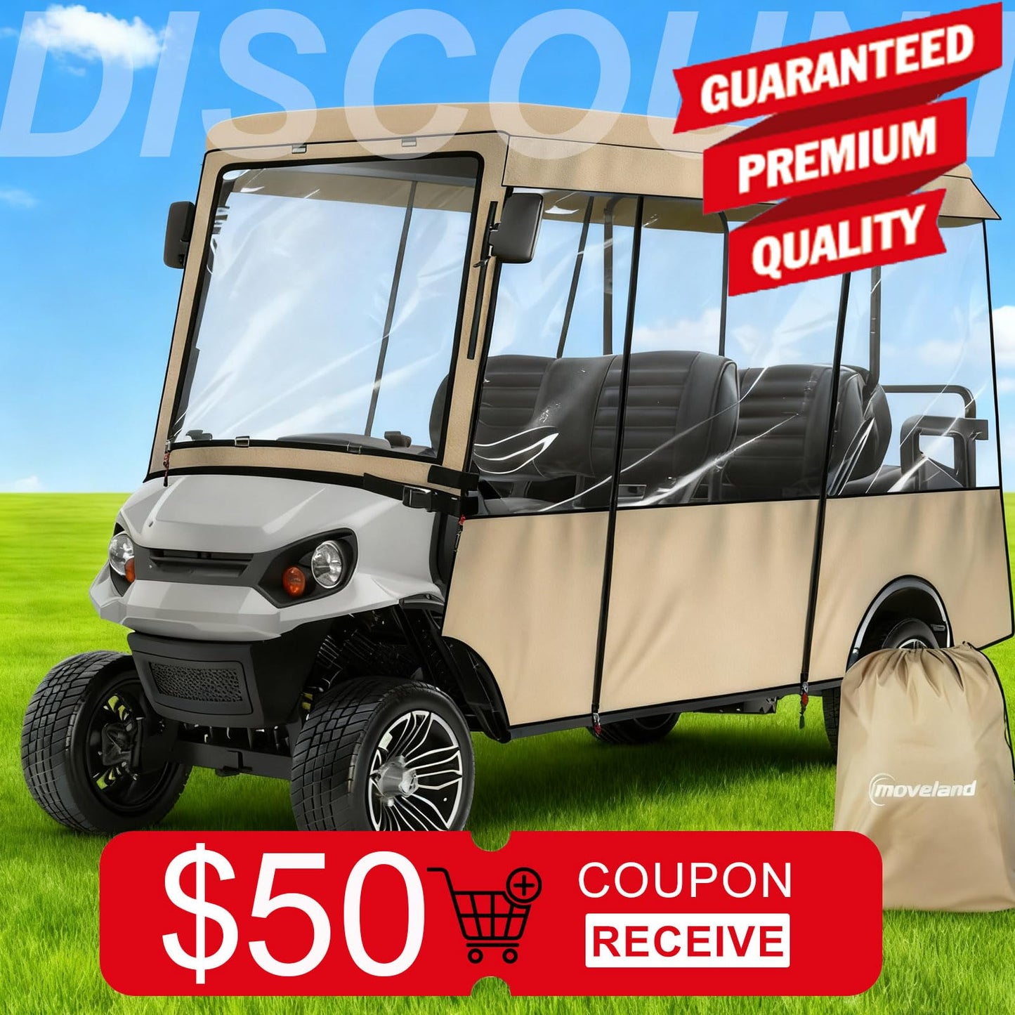 moveland 6 Passenger Golf Cart Driving Enclosure - Heavy Duty Golf Car Rain Cover for EZGO 118" Roof - Upgraded Stronger Door Zipper for Golf Cart Outdoor Enclosure | Taupe