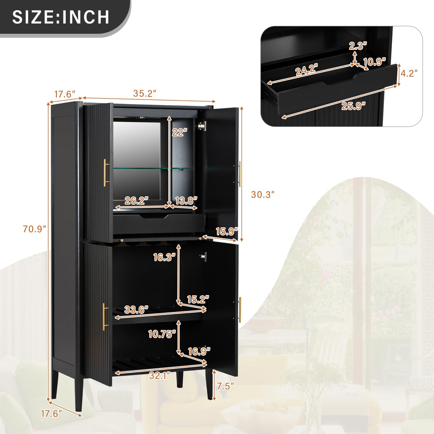 Merax Modern Fluted Wine Storage Cabinet with 4-Door & Stemware Rack, 70.9" Tall Pantry Cabinet with 1 Drawer & Adjustable Shelves & Glass Display, Freestanding Sideboard Bar Cabinet (Black)