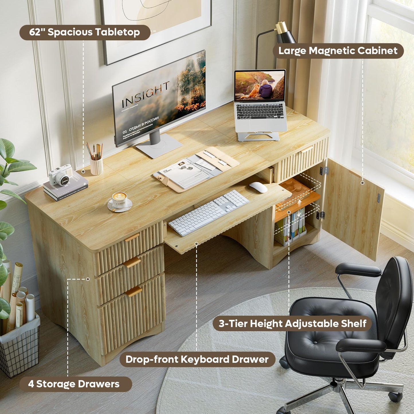 Bestier 63 Inch Home Office Desk with Drawers, Fluted Executive Desk with Ample File Drawer, Keyboard Tray & Storage Cabinet for Study, Living Room, Bedroom, Natural Oak