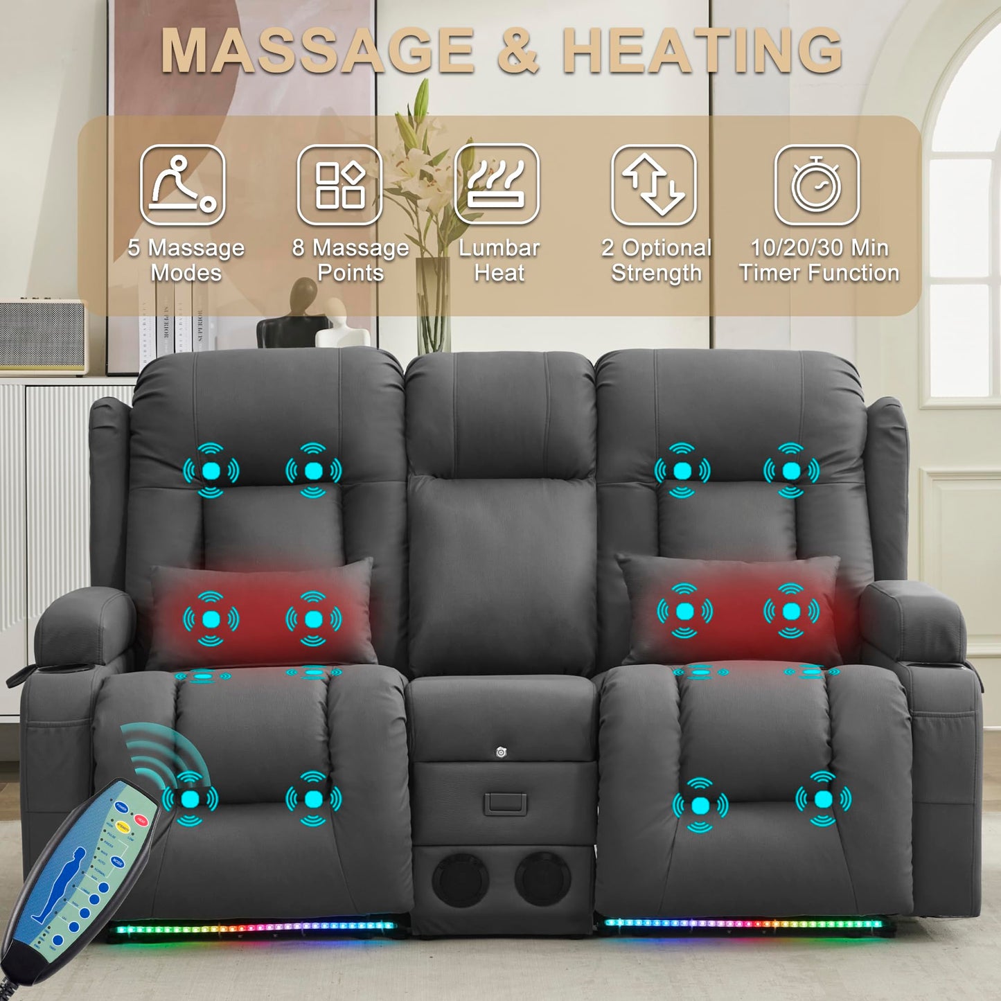 URRED Power Loveseat Recliner Sofa with Massage and Heat, Wall Hugger Reclining Loveseat with Console, RV Couch Home Theater Seating with LED Lights for Living Room (Gray, 67" - 2 Seats)
