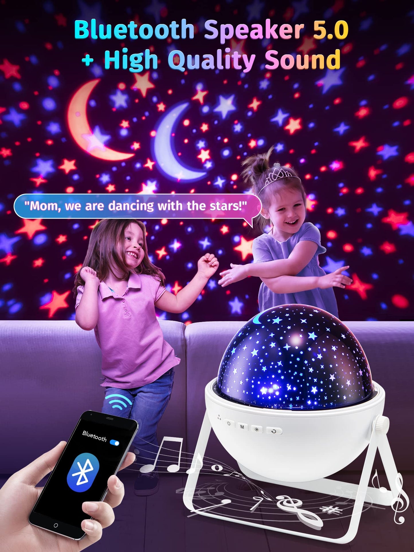 One Fire Star Projector Night Light for Kids, 15 Colors, Remote, Bluetooth Speaker, 360? Rotating, White-01, Model WH-E08