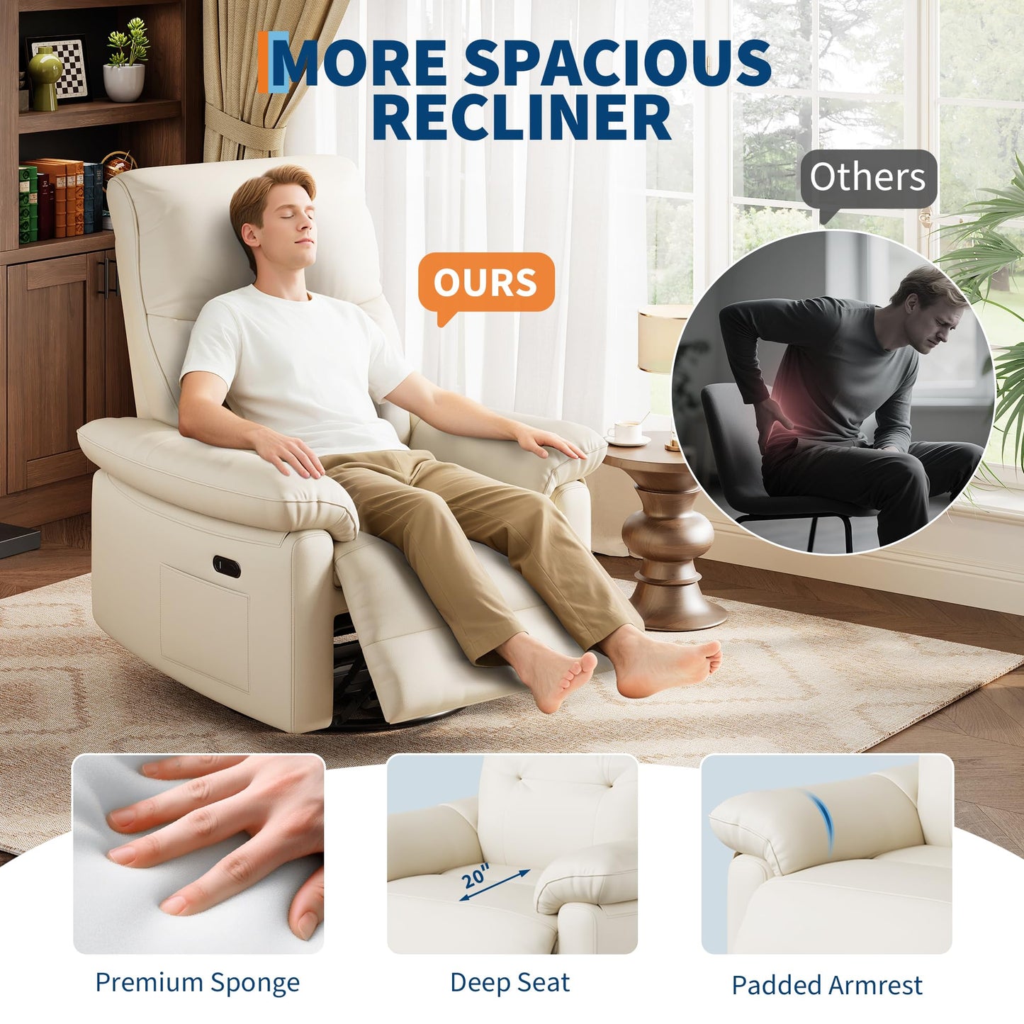 GAOMON Swivel Rocking Recliner Chair, Manual Leather Recliner Glider with Lumbar Support & Padded Armrest, Comfortable Rocker Nursery Single Sofa for Living Room and Bedroom (Off White)