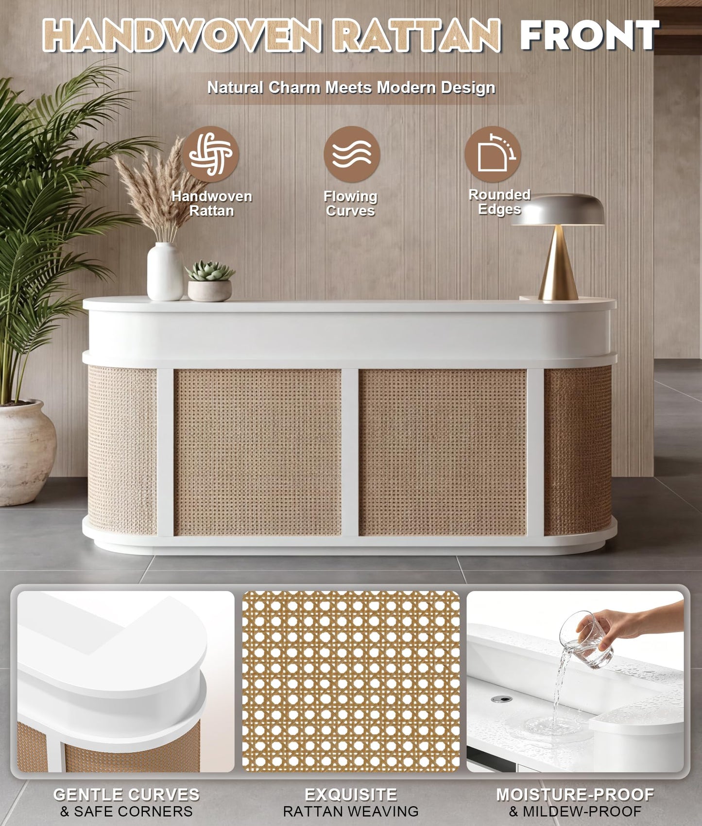 Fully Assembled Rattan Reception Desk, Modern Commercial Front Desk with Lockable Drawer & Cable Management Hole, Heavy Duty Wooden Checkout Counter for Office, Business, Beauty, Spa, Nail, Hair Salon