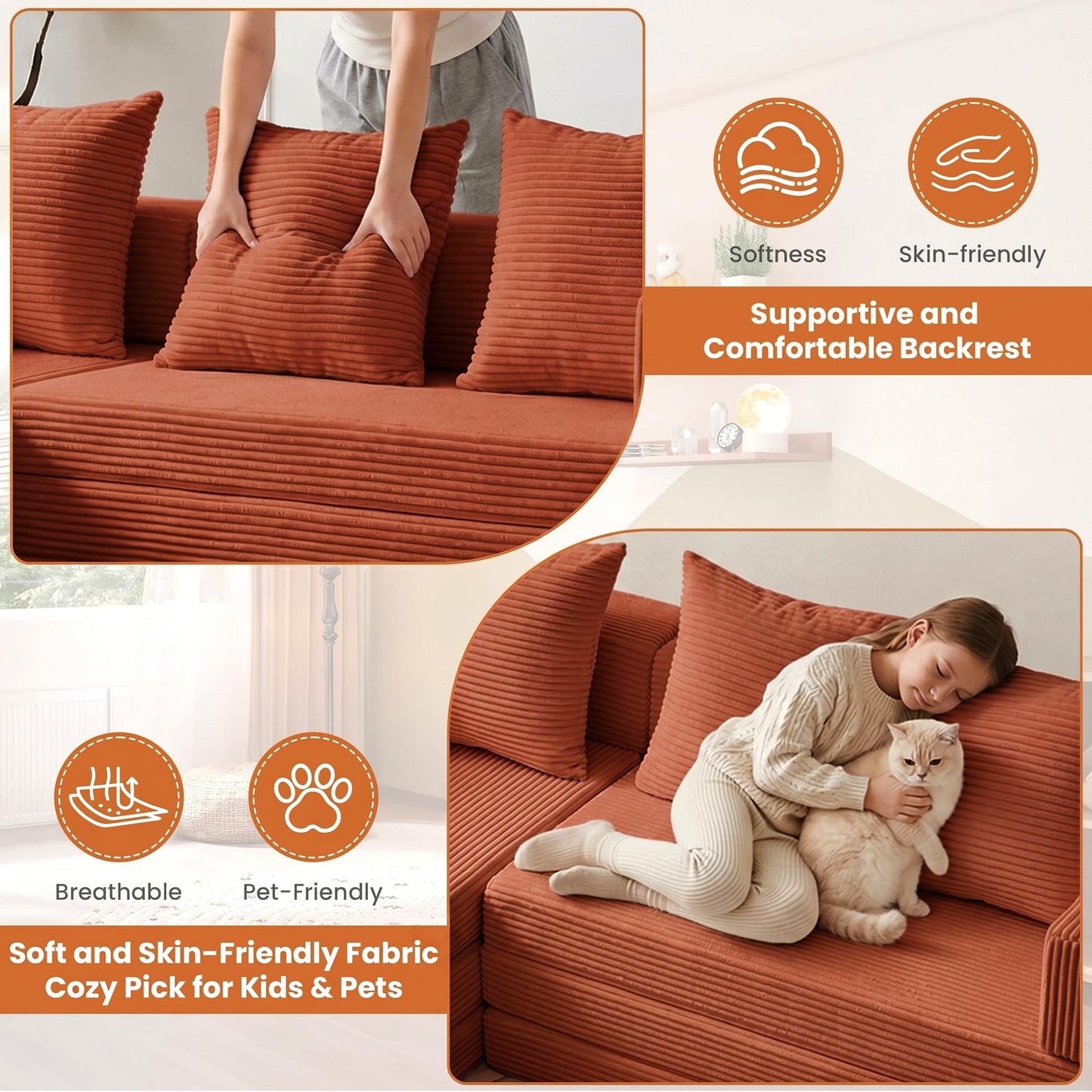 65" Modular Sectional Sofa, Boneless Convertible Sleeper Sofa Bed, Modern Tri-Folding Cloud Couch with L-Shape Chaise, Corduroy Futon Couches for Living Room Small Spaces Apartment,No Assembly, Orange