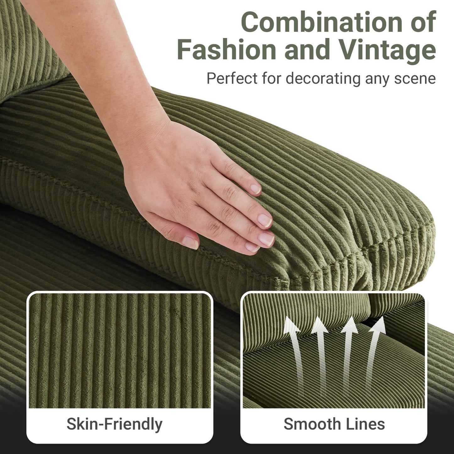 VINGLI 110" Sectional Couches for Living Room,U Shaped Couch with Double Chaise, 4-Seat Sofa Set with Corduroy Fabric for Home Furniture,Green