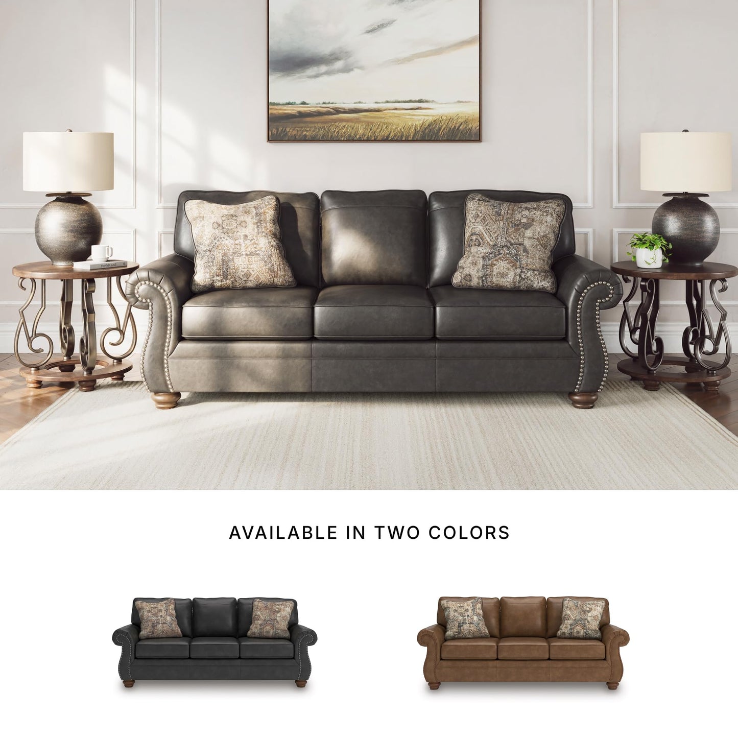 Signature Design by Ashley Shadsburne Rustic Faux Leather Sofa with Nailhead Trim and 2 Chenille Throw Pillows, Pillows with Soft Polyfill, Reinforced Frame for Added Stability, Black