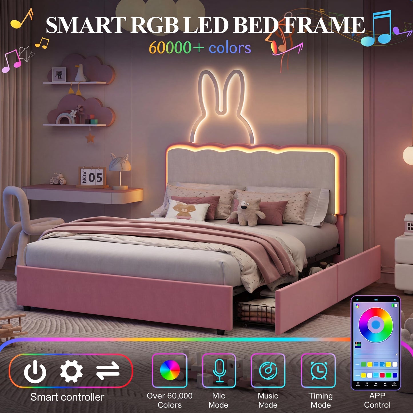 IDEALHOUSE Full Upholstered LED Bed Frame with Storage Drawer and Adjustable Headboard, Velvet Princess Platform Bed for Kids/Girls/Boys, Heavy Duty Metal Support, No Box Spring Needed, Pink
