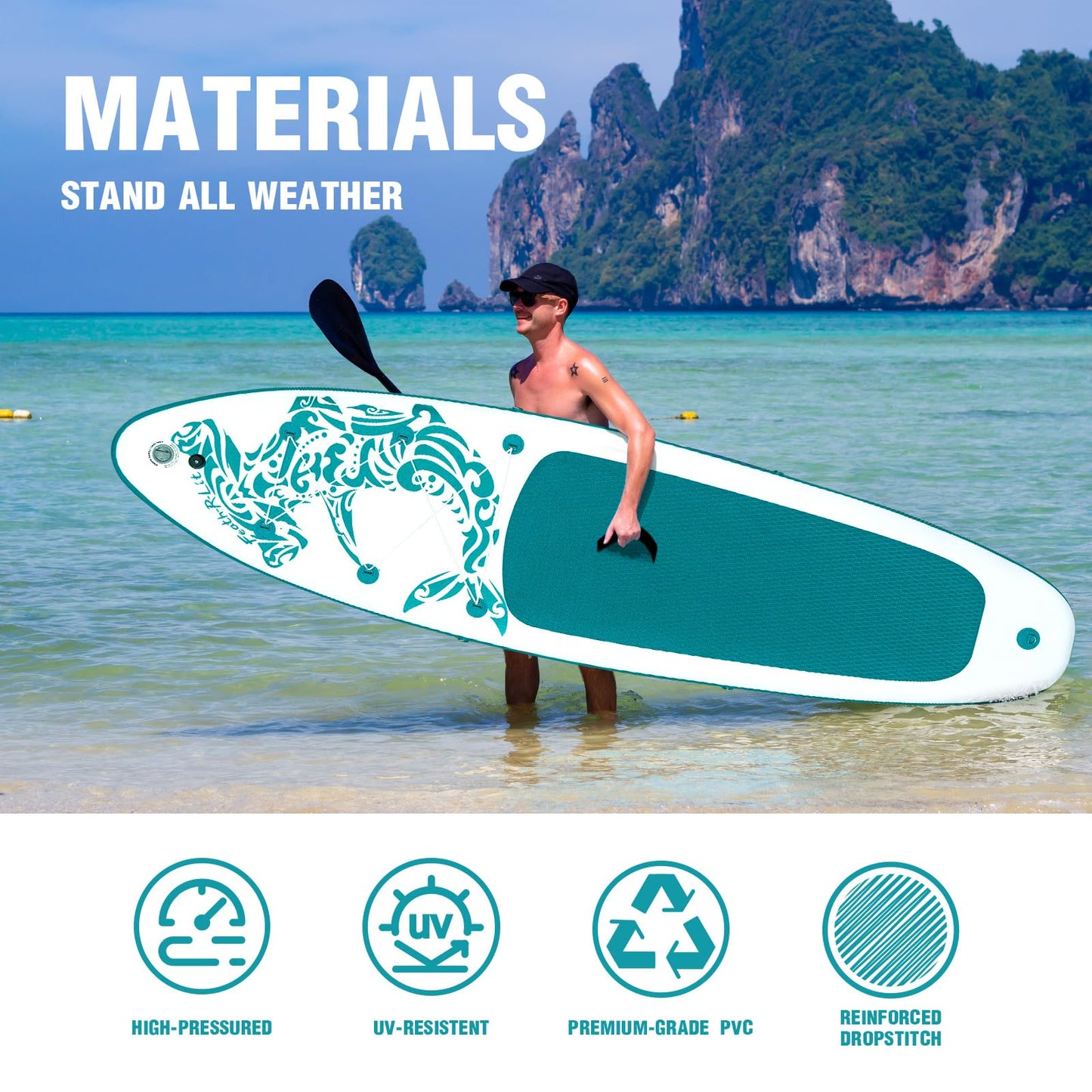 FEATH-R-LITE Inflatable Paddle Board Stand Up Paddleboards for Adults SUP with Premium Accessories Pump, Adjustable Paddle, Leash, Three Fins, Backpack (Green)