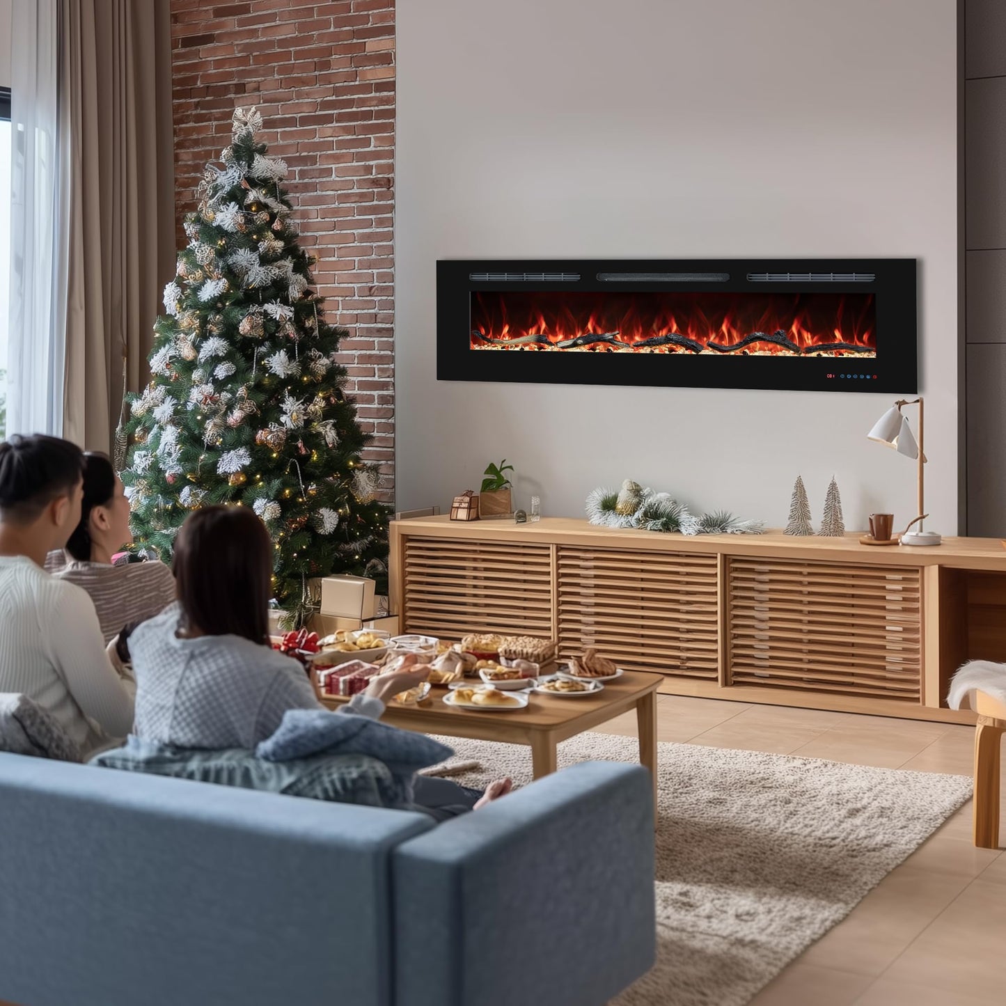 42" Electric Fireplaces Inserts, Recessed & Wall-Mounted Fireplace Heater with Thermostat, Multicolor Flames,Timer, Log & Crystal, 750/1500W