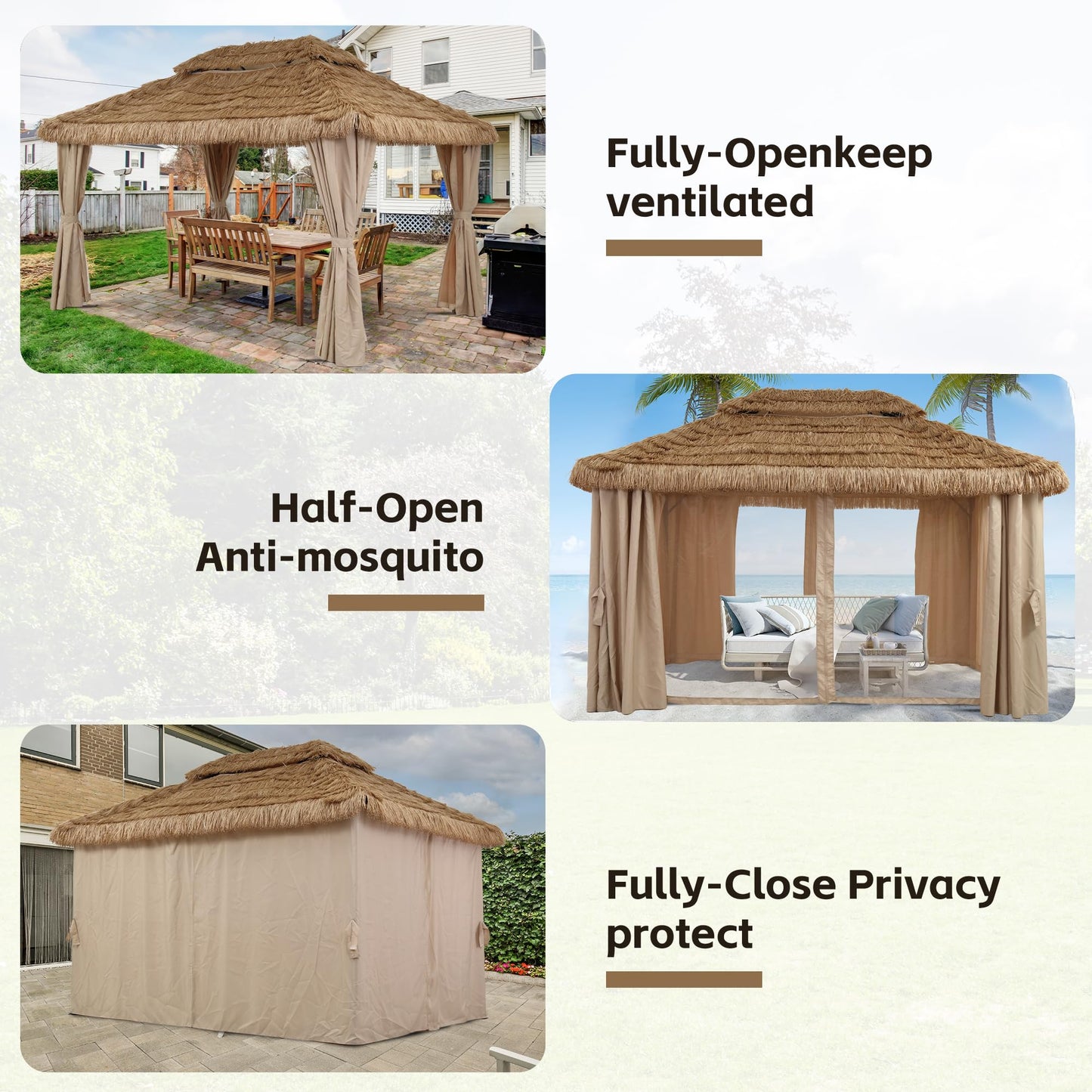 Saemoza 10 x 13 ft Thatched Gazebo Canopy, Double-Layer Ventilated Roof, Mesh Netting and Curtain Sidewalls, UV-Resistant, for Garden, Porch, Poolside, Khaki