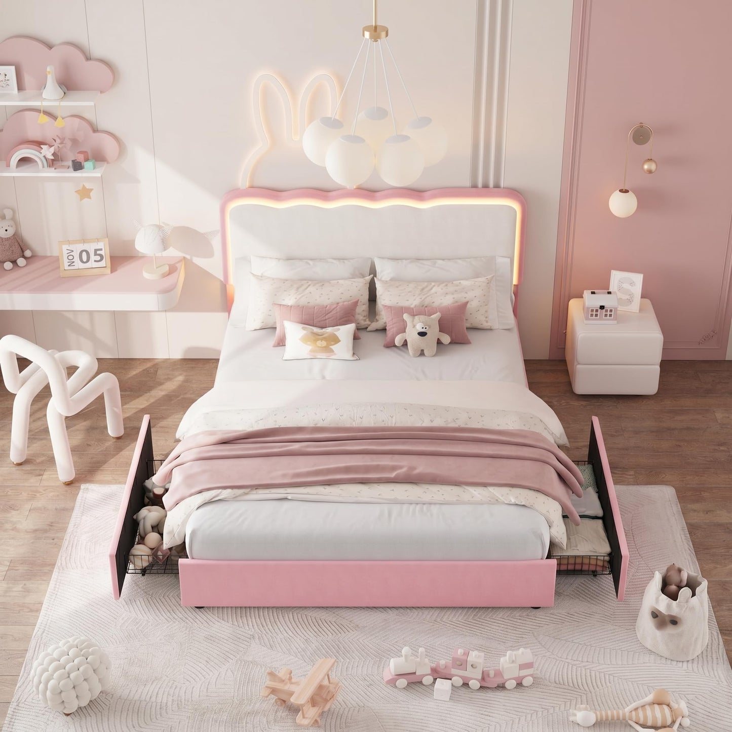 IDEALHOUSE Full Upholstered LED Bed Frame with Storage Drawer and Adjustable Headboard, Velvet Princess Platform Bed for Kids/Girls/Boys, Heavy Duty Metal Support, No Box Spring Needed, Pink