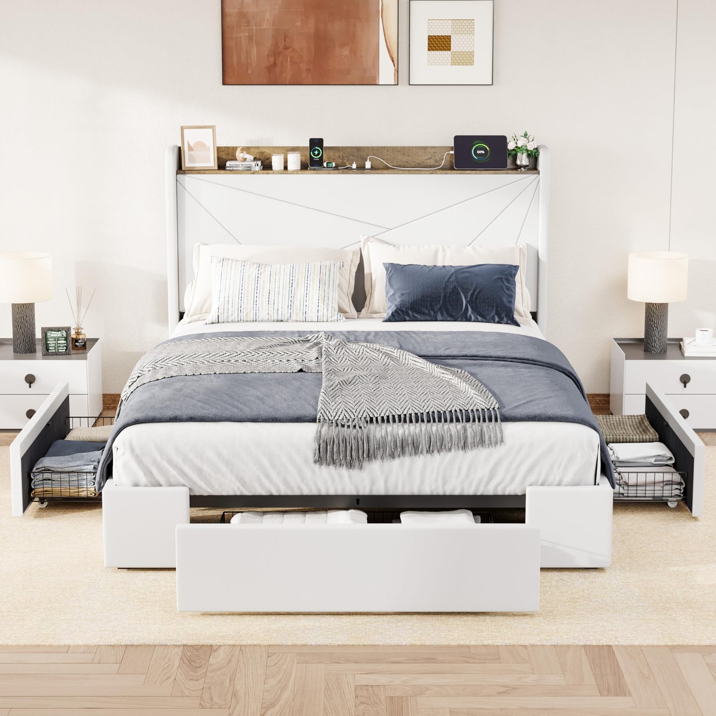 Allewie Full Size Velvet Bed Frame with 3 Storage Drawers, Upholstered Platform Bed with Wingback Storage Headboard and USB Ports, No Box Spring Needed, Easy Assembly, White