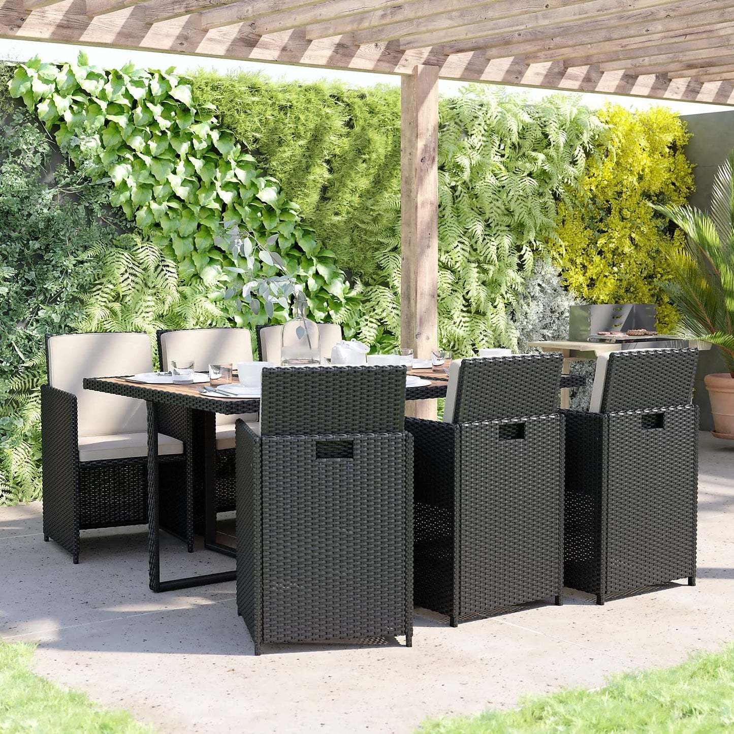 Flash Furniture Peregrine 7 Piece Outdoor Patio Dining Set - Space Saving Black Wicker Modular Chairs & Cream Cushions-Natural Finish Acacia Wood Table-Seating for 6