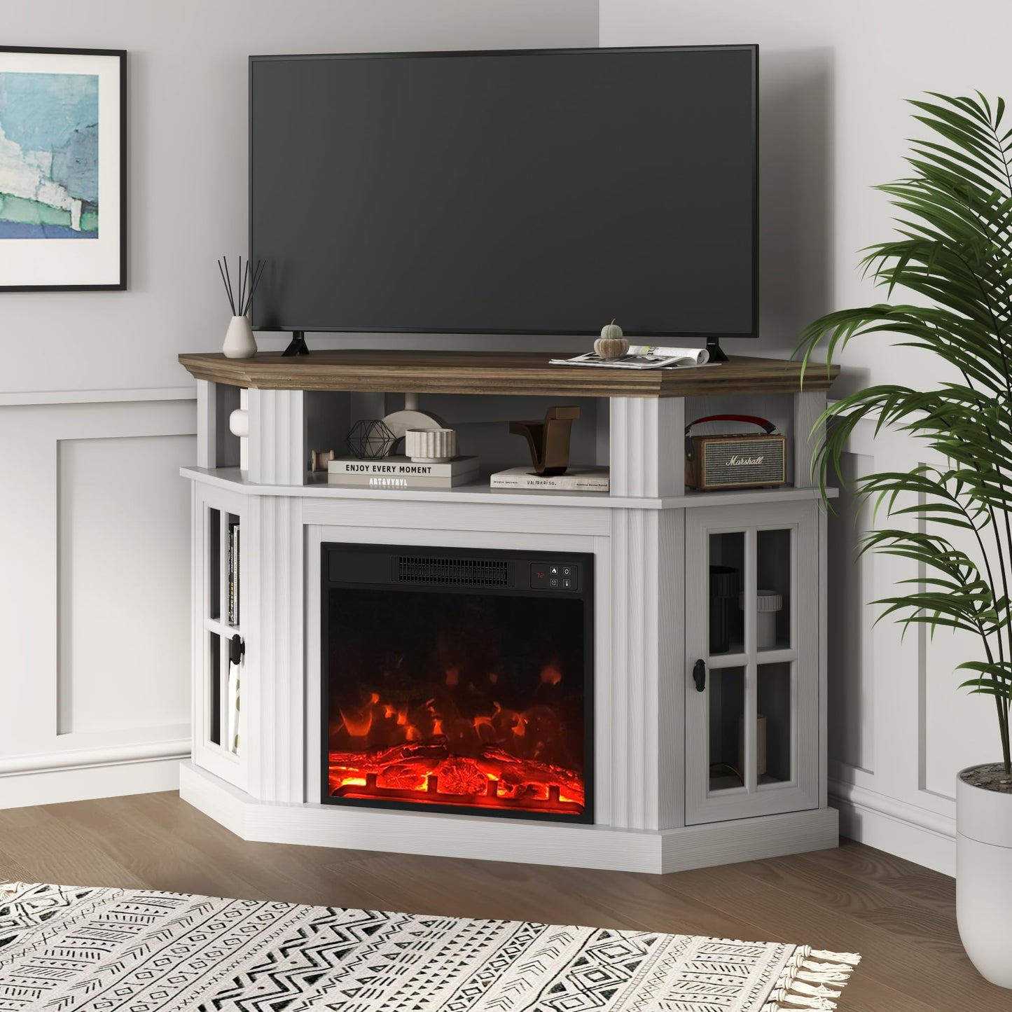 YESHOMY Corner Fireplace TV Stand for Television up to 55" with Storage Cabinets, Entertainment Center, Media Console for Living Room, Bedroom, White＆Rustic