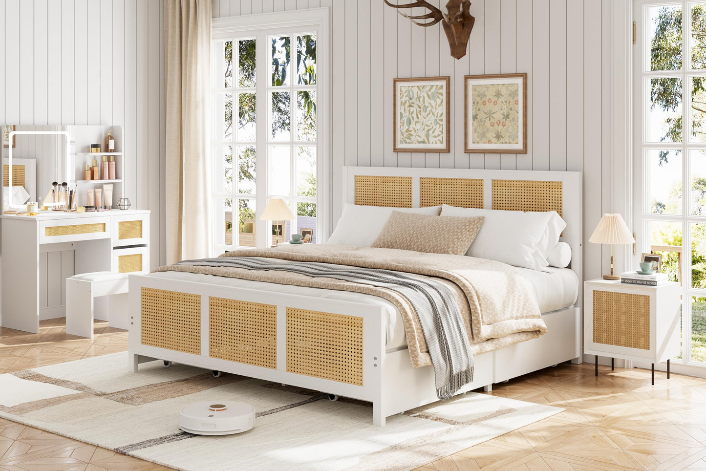 Garvee Rattan Full Bed Frame with LED Headboard (7 Colors), Boho Cane Platform Bed with 4 Large Drawers, Strong Metal Slats Support, Noise Free, No Box Spring Needed, Easy Assembly, White