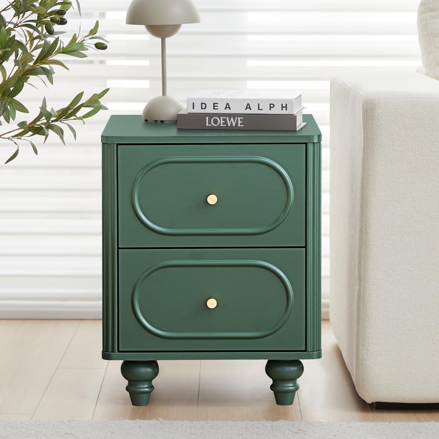 2 Drawer Fluted Nightstand Set of 2, Mid Century Modern Farmhouse Night Stand Small End Table Bedside Table for Bedroom, Green