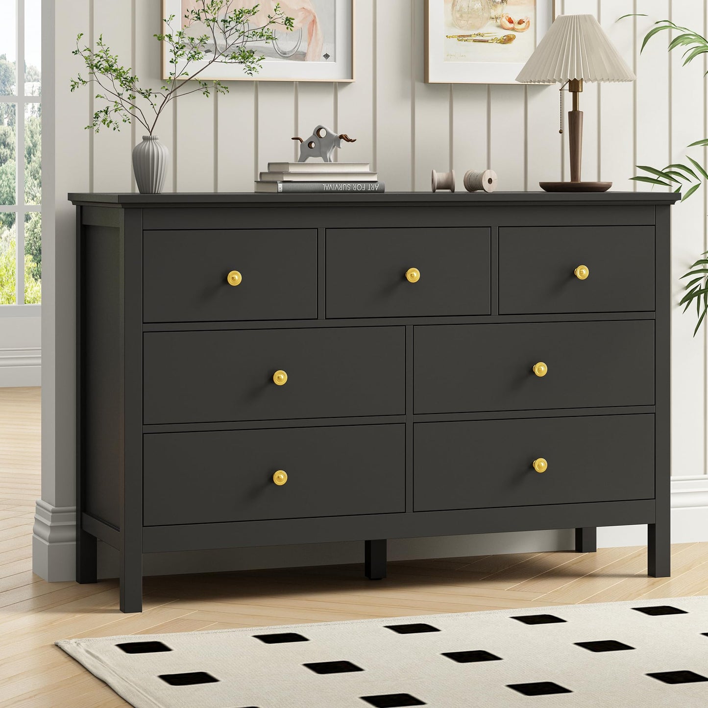 LYNSOM Black Dresser for Bedroom with 7 Drawers, 47'' Wide Modern Chest of Drawer with Gold Handles, Wood Storage Dresser TV Stand Dressers for Closet, Living Room, Kids Room, Entryway