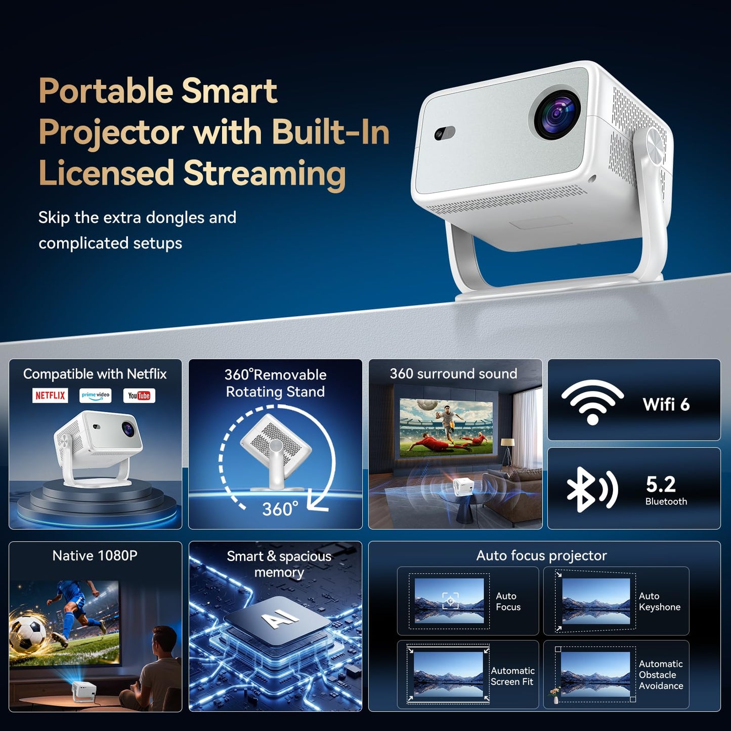 Projector with WiFi and Bluetooth, Officially Licensed App & Native 1080P, Auto Focus & Keystone Outdoor Movie Projector, 4K Supported for Dorm/Ceiling/Home Theater/Bedroom
