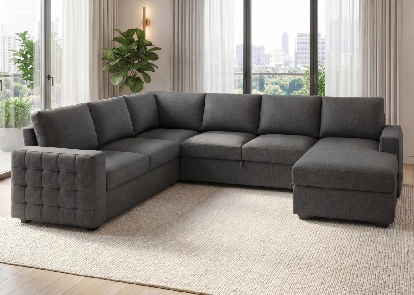 Leathaire 111 Inch Sectional Sleeper Sofa with Pull Out Bed, U Shaped 6 Seat Modular Sectional Couch with Storage for Living Room, Light Grey