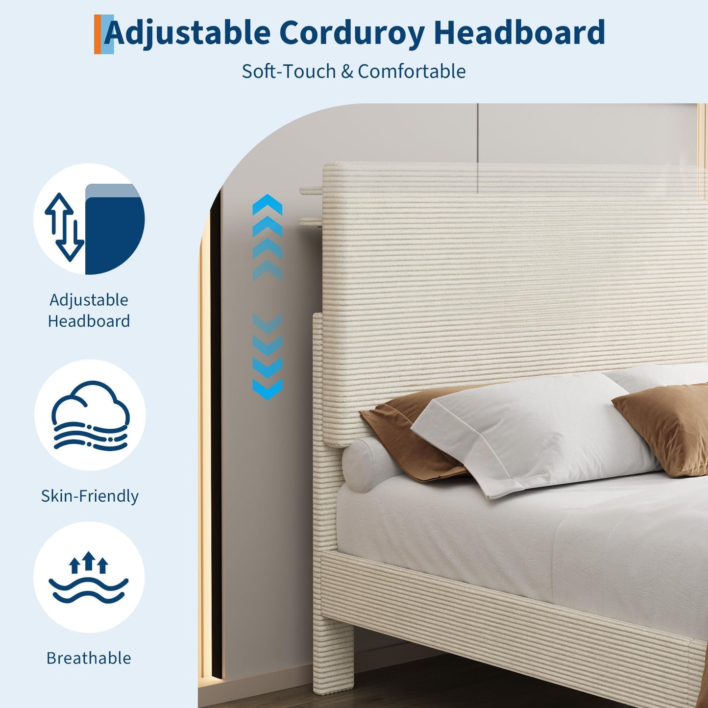 GarveeLife Corduroy Upholstered Platform Bed Frame with USB Charging Station, Adjustable Storage Headboard, Wooden Slat Support, No Box Spring Needed, Easy Assembly, Full Beige