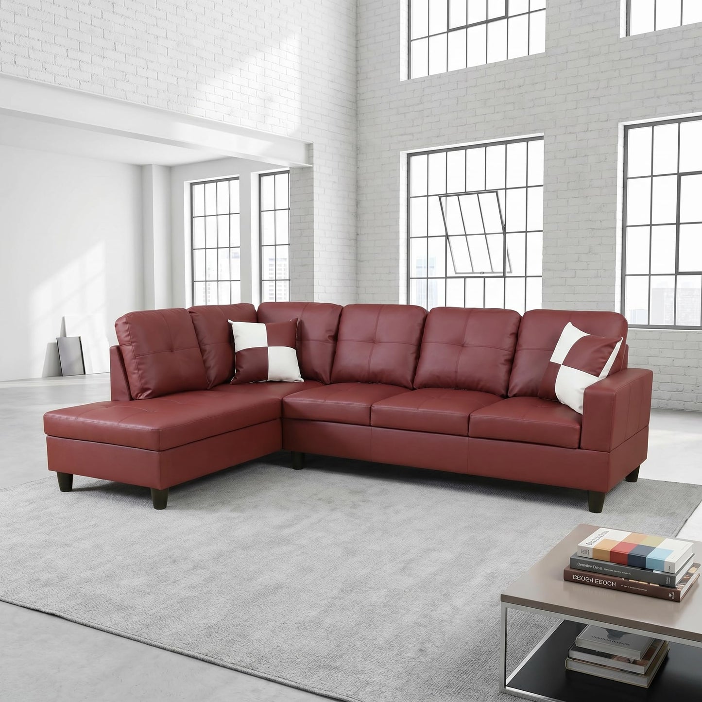 Trygoal L-Shaped Sectional Sofa, Modern 4-Seat Couch with Left Facing Chaise, Leather Sectional Couch for Living Room, Apartment, Office, Dark Red